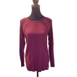 Calvin Klein NWT Merlot Red Ribbed & Gold Grommet Fitted Sweater, Size M (8-10)